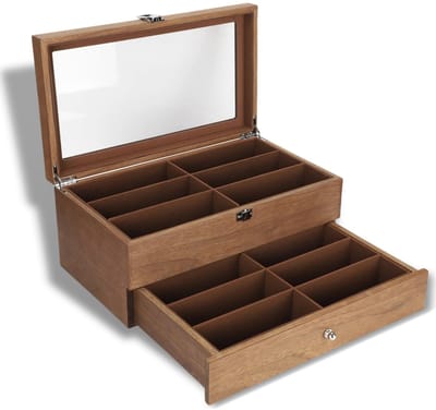 Dailygoods- Vitrinedoos Dubbel Laags - 12 Compartimenten - Houten Opbergdoos - Glazen Deksel - Decoratie en Opslag - Bescherming tegen Stof en Krassen