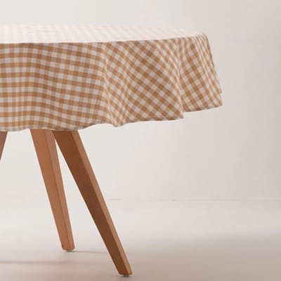 GAMUSI VICHY Rond Tafelkleed - Vlekwerend - Katoen Look - Ruitjes - 160 x 160 cm - Beige- OEKO-TEX