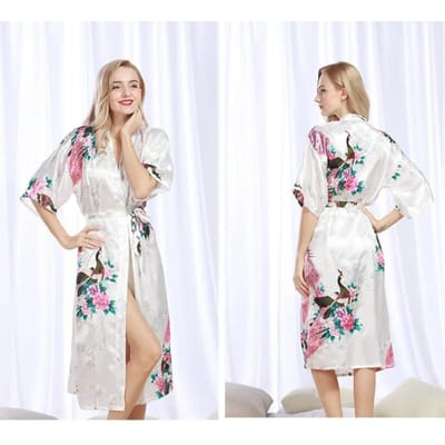 Dames zijden satijnen kimono's, lange nachtkleding, kamerjas, bloemenprint, pauwmotief, feestbruidsmeisjesbadjas 3XL white