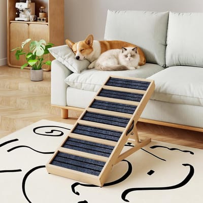 Huisdierenoprit - Hondenhelling - Huisdierencomfort - 4 Hoogtes Verstelbaar - 96 cm Lang - Houtkleur