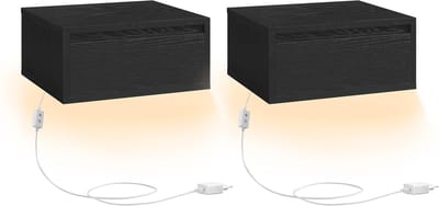 Nachtkastje Set van 2 - Hangend Nachtkastje LED licht met 3 kleuren - zwevende wandplank - zwart - 35 x 40 x 18 cm