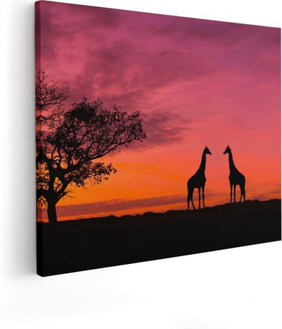 Artaza Canvas Schilderij Zonsondergang - 50x40 cm - Wanddecoratie Giraffe - Muurdecoratie Afrikaans Schilderij - Schilderijen Op Canvas