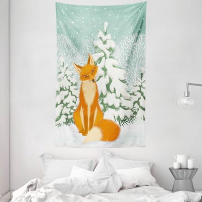New Bed Vos Rode Vos Winterbos Kerst Decoratieve Wandtapijt, Stoffen Wanddecoratie voor Slaapkamer Woonkamer Studentenkamer, 140cm x 230cm