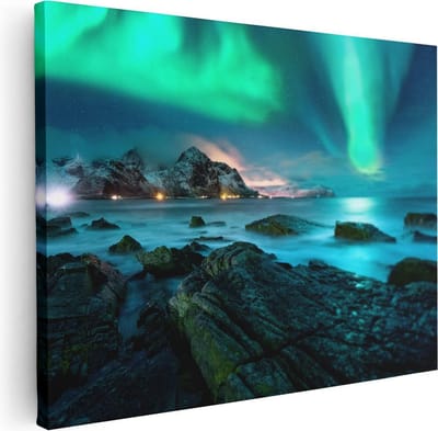 Artaza Canvas Schilderij Noorderlicht - 40x30 cm - Klein - Wanddecoratie Strand Zee - Muurdecoratie Bergen - Kamer Accessoires