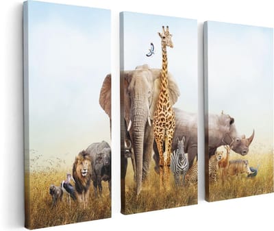 Artaza Canvas Schilderij Drieluik Afrikaanse Dieren op het Gras - Afrika - 120x80 cm - Wanddecoratie Woonkamer - Schilderijen - Muurdecoratie