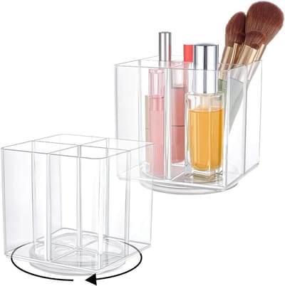 Transparante acryl pennenhouders voor make-upkwasten, draaibaar design met 4 vakken voor thuiskantoor, 11,5 x 11,5 x 12 cm, ideaal voor organisatie en opberging