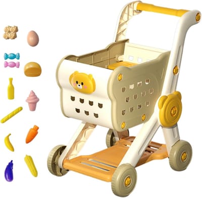 Kinder Winkelwagen - Speelgoed Supermarkt - Rollenspel Leren - Inclusief 15 Accessoires - 57 x 29 x 12 cm - Geel