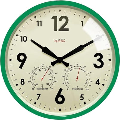 Waterdichte Metalen Wandklok Buiten & Binnen met Thermometer en Hygrometer Groen 30,5 cm Stil