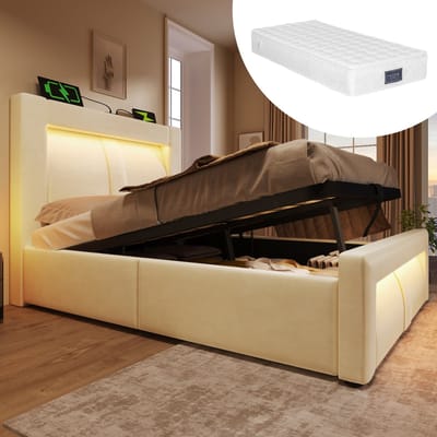 DESMIU Gestoffeerd Bed 90x200cm – Hydraulisch Opbergbed Met Ledverlichting, Usb- En Type-C-Laadpunten – Opbergruimte Onder Het Bed – Voor Slaapkamer – Fluweel – Beige – Met Matras