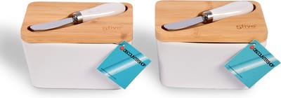 Discountershop® 2-Stuks Keramische Botervloot met Luchtdichte Bamboe Deksel en RVS Botermes - 600 ml Capaciteit Vershouddoos – Botervloot met Deksel Wit