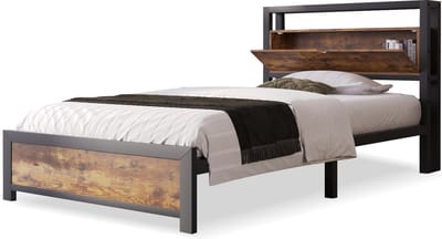 Merax Eenpersoonsbed 90x200 - Bed met Opbergruimte & Metalen Bedframe - Hout/Metaal
