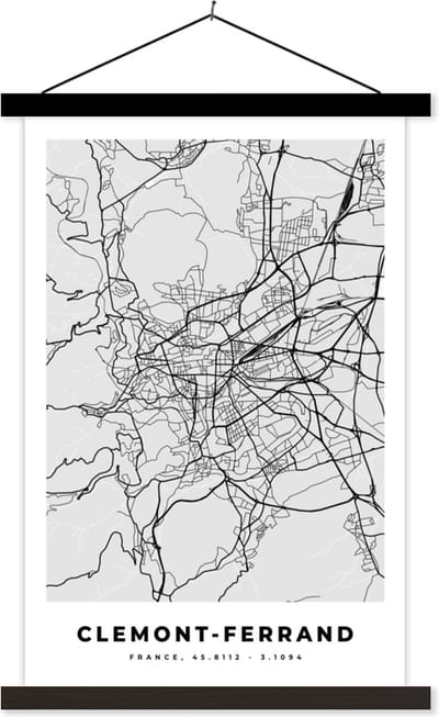 Posterhanger incl. Poster 40x60 cm - Schoolplaat - Frankrijk - Clemont-Ferrand - Stadskaart - Plattegrond - Kaart - Textielposter - Zwarte latten - Stadskaart