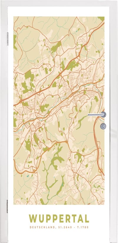 Deursticker Plattegrond - Wuppertal - Kaart - Stadskaart - Vintage - 95x235 cm - Deurposter