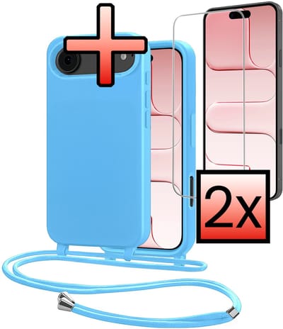 Hoes Geschikt voor iPhone Air Met Telefoonkoord Met 2x Screenprotector - Siliconen Hoesje Backcover Met Ketting - Lichtblauw