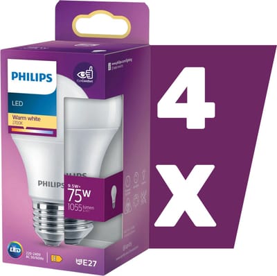 Voordeelpack 4x Philips LED lamp 9.5W 1055lm 2700K Mat Niet-Dimbaar | E27 | Extra Warm Wit | 9.5 watt | 15.000 Branduren