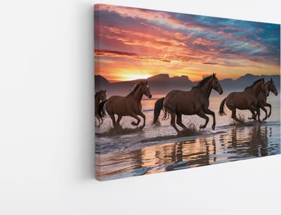 Saammp Canvas Schilderij -Groep paarden In het water tijdens zonsondergang- Dieren - Natuur - 45x30 - Foto op canvas - Wanddecoratie - muurdecoratie Woonkamer - Slaapkamer decoratie - Canvas Print