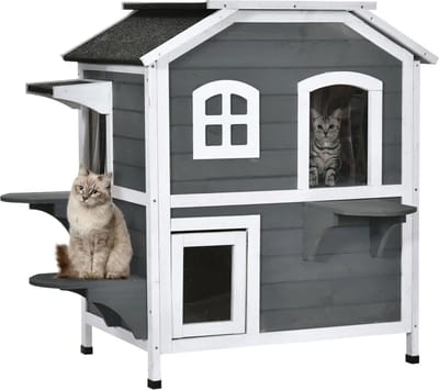 Kattenhuis - Voor buiten - Kattenhok - Kattenkooi - Bench - Ren - Weerbestendig - 2 verdiepingen - Duurzaam - Grijs