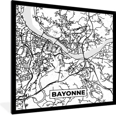 Fotolijst incl. Poster Zwart Wit- Kaart - Plattegrond - Frankrijk - Stadskaart - Bayonne - Zwart wit - 40x40 cm - Posterlijst