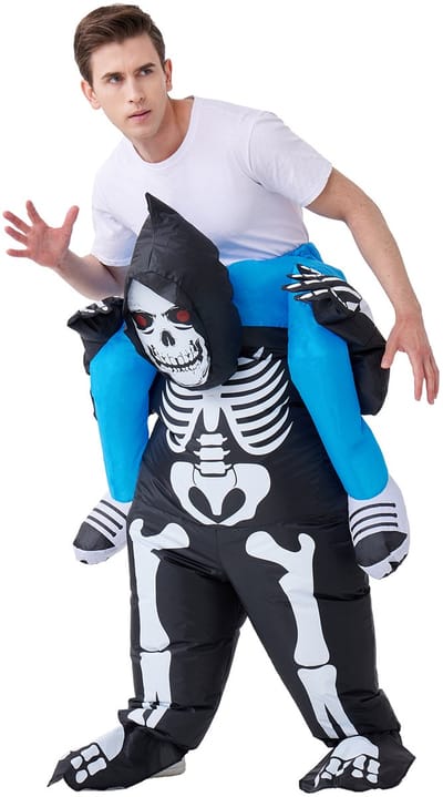 KIMU® Opblaas Kostuum Kinderen Zittend op Skelet Zwart - Maat 122 128 134 140 146 152 - Opblaasbaar Pak - Skeletpak Mascotte Opblaaspak - Opblaasbare Magere Hein Halloween Eng Scary Festival
