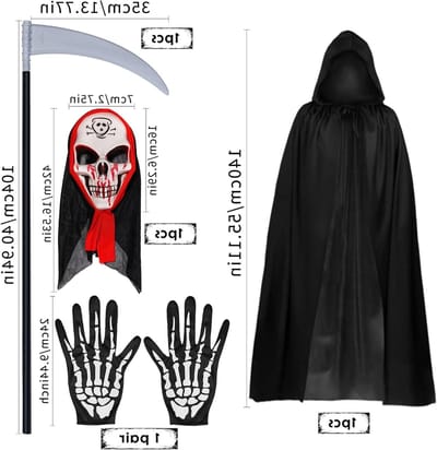Halloween Kostuum met 140 cm Cape en Kap, Vampier Masker, Schedel Handschoenen en Doodenscythe voor Spookachtige Feestdecoratie