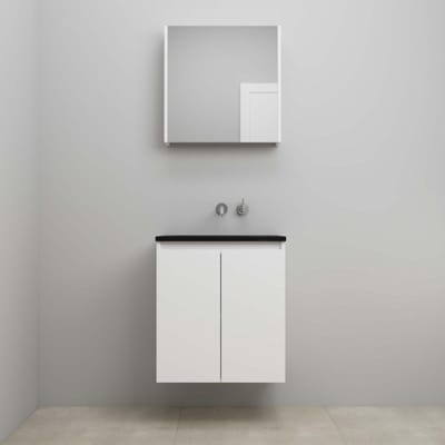 On-Line Badkamermeubelset - 60 cm - Bouwpakket - Greeploze Ladestructuur - Acryl Wastafel - zonder Kraangat - Spiegelkast - Hoogglans Wit