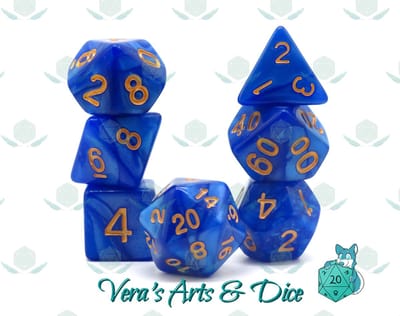Polyset Dice | Dobbelstenen - Set Van 7 Stuks - Parelmoer Blauw en Goud | Polydice | Voor D&D en Andere Rollenspellen | Plastic Dobbelstenen Set voor Dungeons and Dragons | Polyhedral Dice Set | Zwarte Velvet Dice Bag voor Ongeveer 3 Sets