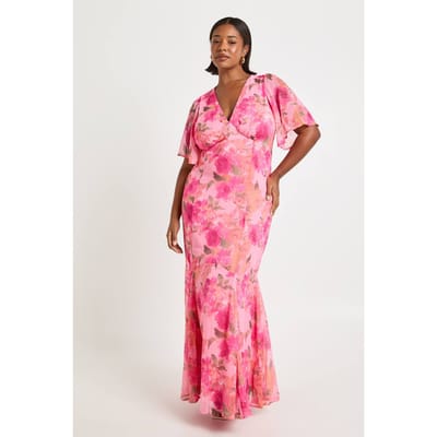 boohoo Dames Plus Bloemen Godet Zoom Maxi Jurk | Roze | Maat: 50