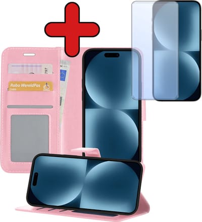 Hoesje - Met Screenprotector - Geschikt voor Apple iPhone 15 - Luxe Pasjeshouder - Flipcase - Bookcase Portemonee - Flip Case - Kunstleer Book Case - Book Cover - Walletcase - Portemonneehoes - Telefoonhoes - Lichtroze