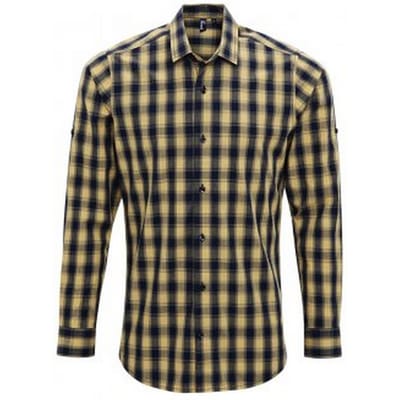 Premier Heren Mulligan Check shirt met lange mouwen (Kameel/Zwaar)