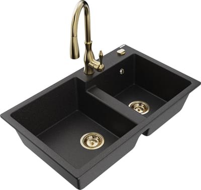 Mexen Tomas granieten gootsteen 2-kamer met keukenkraan Savita, zwart/zilver metallic - 6516-73-672601-50