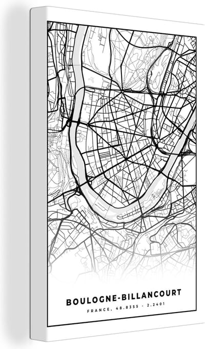 Canvas Schilderij Kaart - Plattegrond - Boulogne-Billancourt - Frankrijk - Stadskaart - Zwart wit - 20x30 cm - Wanddecoratie