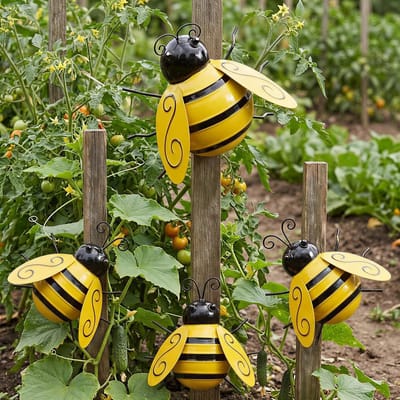 Metalen wanddecoratie, 4 stuks metalen hommel als wanddecoratie, 3D ijzeren bijenkunstsculptuur, hangende wanddecoratie voor buiten, huis en tuin, geel