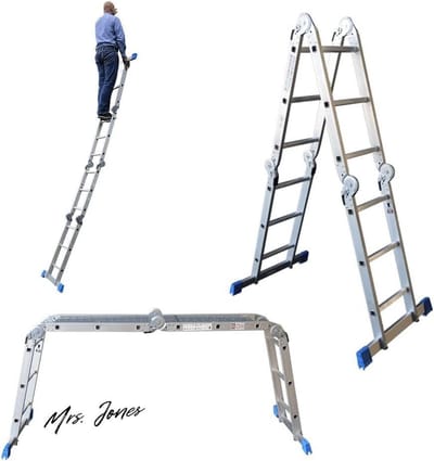 Mrs. Jones 3-1 Multi vouwladder - trap - ladder steiger en trap in 1 - staande steiger - aluminium ladder - staande ladder - werkhoogte tot 455 meter - gewicht 175 kilogram .