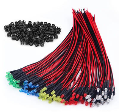 100 stuks voorgeconfigureerde LED diodes 12V, 3 mm met kabel en montagematerialen in diverse kleuren