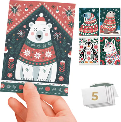 Inspra Studio – Luxe Kerstkaarten met Enveloppen – 5 Stuks – Pinguïn, IJsbeer, Zeehond, Walrus & Poolvos Wenskaarten – Scandinavische Dieren Illustraties