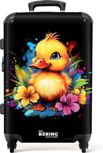 NoBoringSuitcases.com® - Kinderkoffer meisje - Eend met tropische bloemen - Kindertrolley meisjes - Koffer kind groot - Rolkoffer lichtgewicht - Reiskoffer met 4 wielen - Grote trolley XL - 20 kg bagage