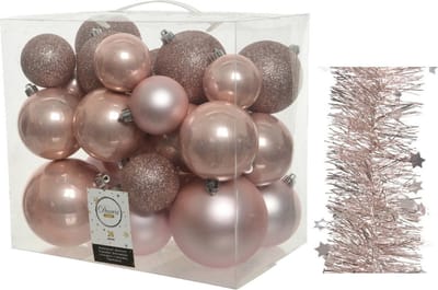 Kerstversiering kunststof kerstballen 6-8-10 cm met sterren folieslingers pakket lichtroze van 28x stuks - Kerstboomversiering