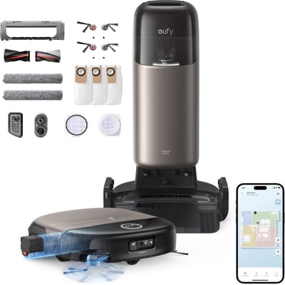eufy Dweilrobot HydroJet S2 met Vervangingssets, 30kPa AeroTurboTM 2.0-Zuigkracht, Vloerreinigingssysteem 2.0, EcoCleanth Elektrolyse, Randreiniging, Haarvrije DuoSpiralt" Borstels, 12-in-1 UniCleanTM Station