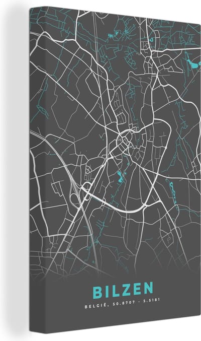 Canvas Schilderij Kaart – Plattegrond – Stadskaart – Bilzen – België - Grijs - 20x30 cm - Wanddecoratie
