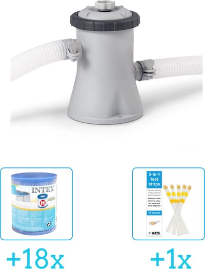 Intex 28602GS Filterpomp - 1.250 liter per uur inclusief Intex Filter Cardridge - Type H (18 stuks) & WAYS Testrips (1 stuks)