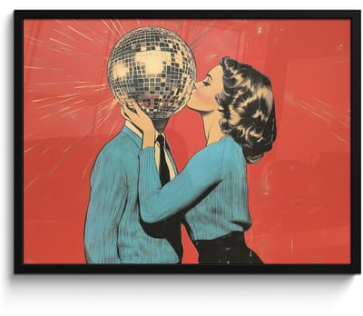 Poster in lijst - Fotolijst 70x50 cm - Posters - Vrouw - Retro - Discobal - Kus - Posterlijst zwart - Decoratie - Wanddecoratie woonkamer - Muurdecoratie slaapkamer