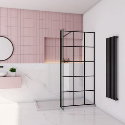 Inloopdouche 100x200cm met mat Zwart kader en raster,8mm NANO EasyClean veiligheidsglas,stabilisatiestang 90cm,draaibaar hoekprofiel 30x200cm