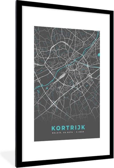 Fotolijst incl. Poster - Plattegrond – Kortrijk – Blauw – Stadskaart - Kaart - 80x120 cm - Posterlijst