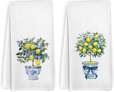 Chinoiserie Citroen Keukenhanddoeken en Vaatdoeken, Set van 2, Blauw en Geel, Citroen Keukendecoratie, Decoratieve Theedoeken, 40 x 61 cm