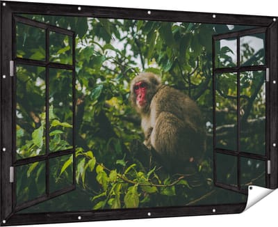 Gards Tuinposter Doorkijk Aap in de Boom tussen de Bladeren - 180x120 cm - Tuindoek - Tuindecoratie - Wanddecoratie buiten - Tuinschilderij