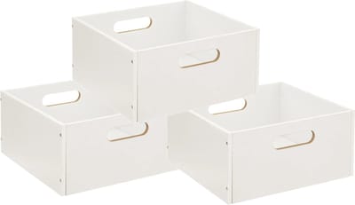 5five Opbergmand/kastmand van hout - Set van 3x stuks - wit - 14 Liter - 31 x 31 x 15 cm - Opbergboxen - Vakkenkast manden