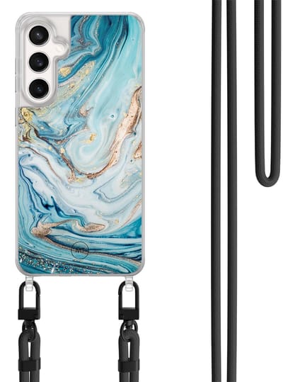Hoesje met koord geschikt voor Samsung Galaxy S24 FE - Marmer blauw goud - Inclusief Zwart koord - Crossbody beschermhoes - Transparant, Blauw, Goud - Mooie Telefoonhoesjes