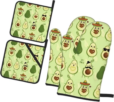 Keukenhandschoenen en pannenlappen - Hittebestendig set - Koken en bakken - Waterdichte polyester stof - 4 delig - Met avocado print