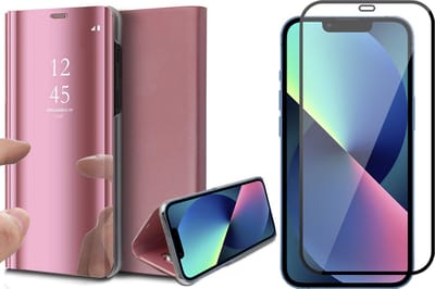 Hoesje geschikt voor iPhone 13 en Full Screenprotector - Spiegel Book Case - Roze