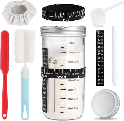 Famanu – Zuurdeeg - starterset met schaal - fermenteerglas met deksel - zuurdesemglas met meetlint en roerstaaf van siliconen - fermenteren - starterset voor het bakken van zuurdesembrood 1000 ml